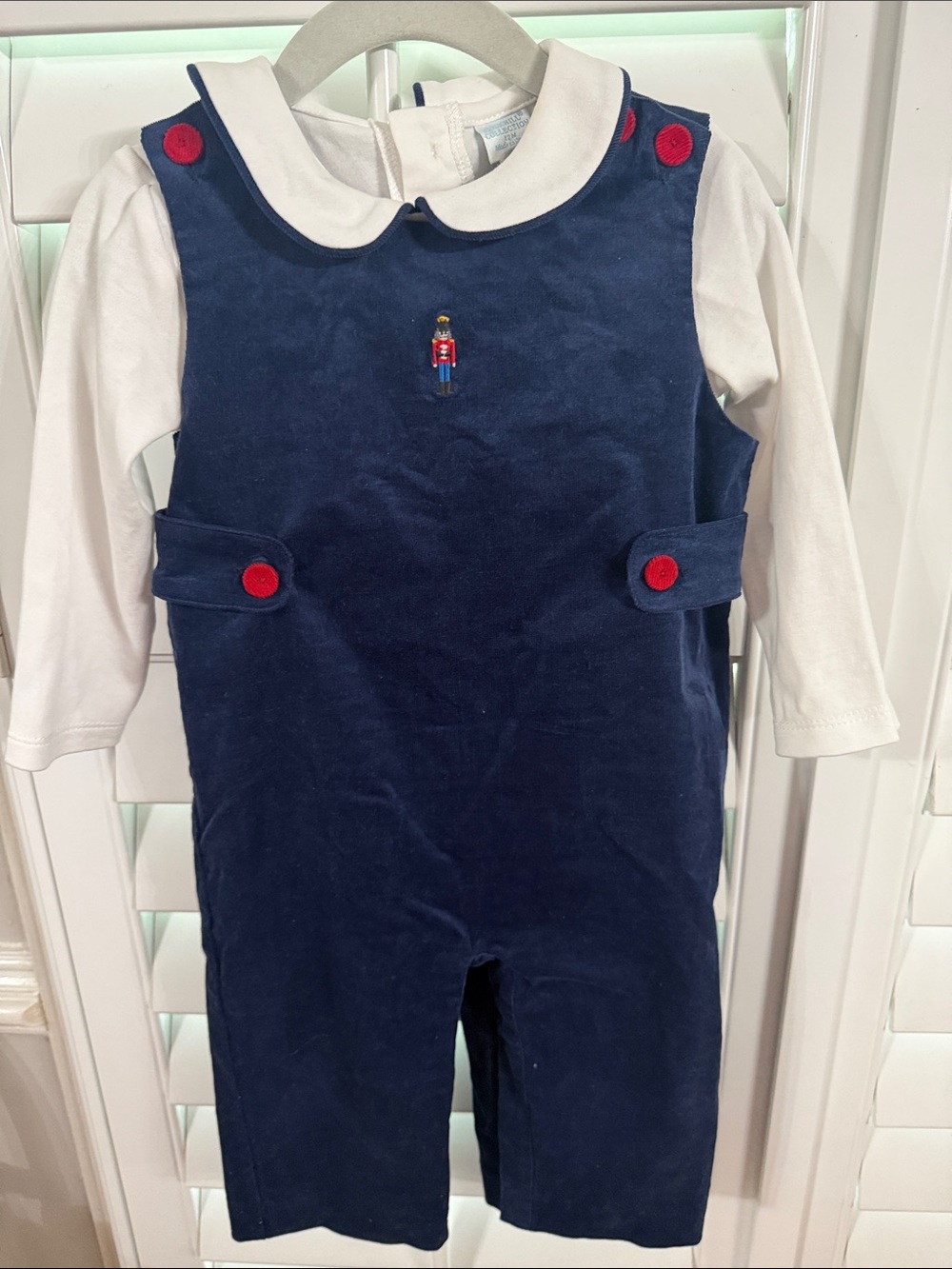 Edgehill Collection Navy Velvet Romper Set with Red Accents